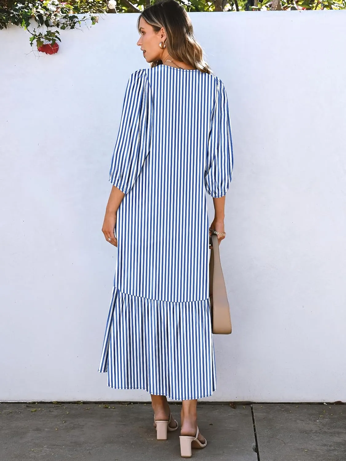 ANRABESS Boho Maxi Dresses for Women Summer Puff Sleeve V Neck Flowy Long Casual Dress with Pockets 2025 Vacation Outfits