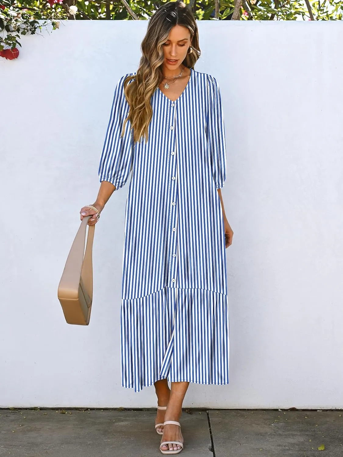 ANRABESS Boho Maxi Dresses for Women Summer Puff Sleeve V Neck Flowy Long Casual Dress with Pockets 2025 Vacation Outfits