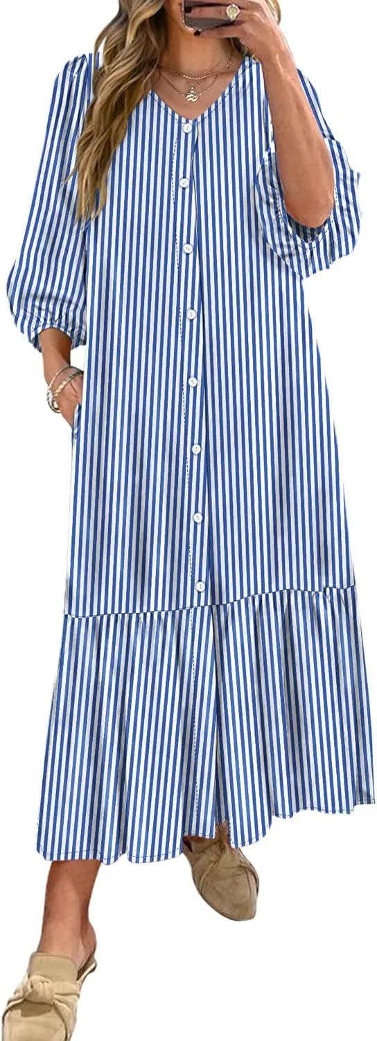 ANRABESS Boho Maxi Dresses for Women Summer Puff Sleeve V Neck Flowy Long Casual Dress with Pockets 2025 Vacation Outfits