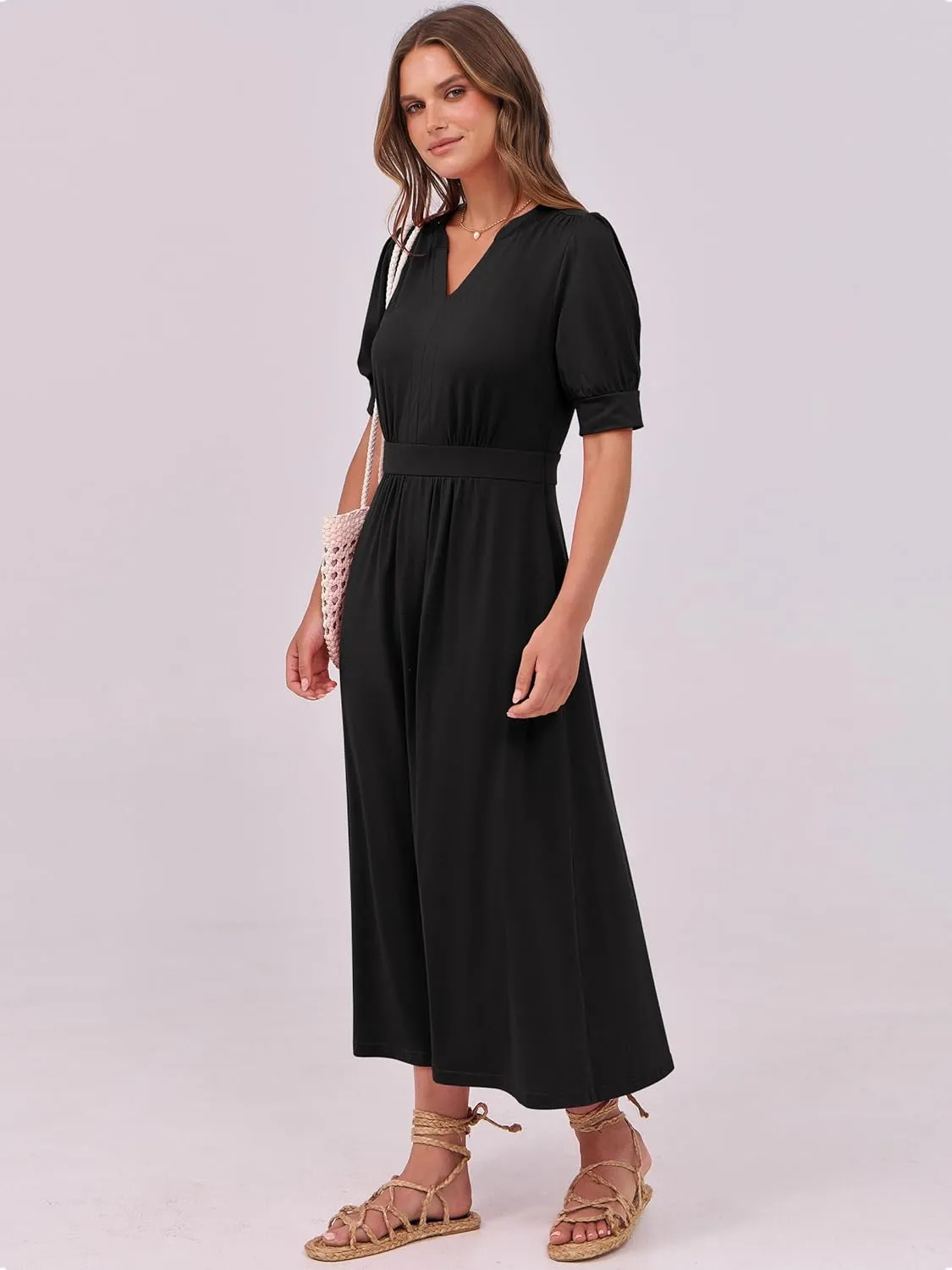 ANRABESS Women Boho Maxi Dresses Summer Short Sleeve V Neck Flowy Swing A-Line Casual Beach Long Dress