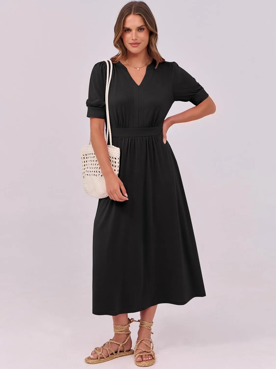 ANRABESS Women Boho Maxi Dresses Summer Short Sleeve V Neck Flowy Swing A-Line Casual Beach Long Dress