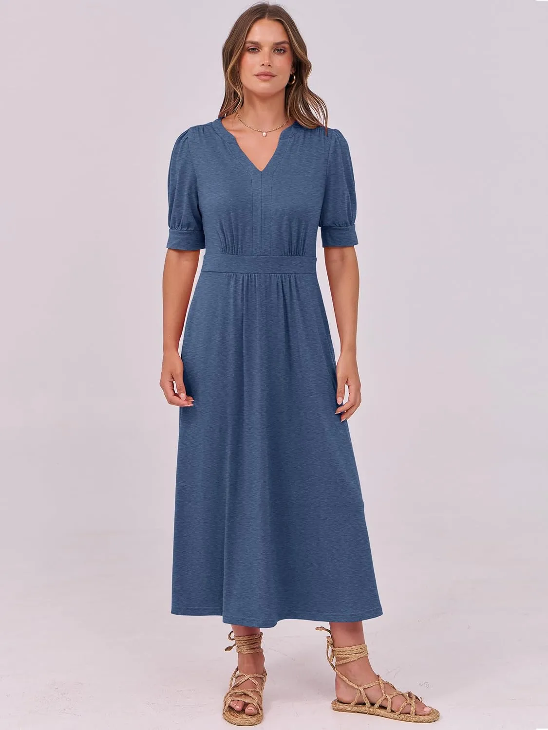 ANRABESS Women Boho Maxi Dresses Summer Short Sleeve V Neck Flowy Swing A-Line Casual Beach Long Dress