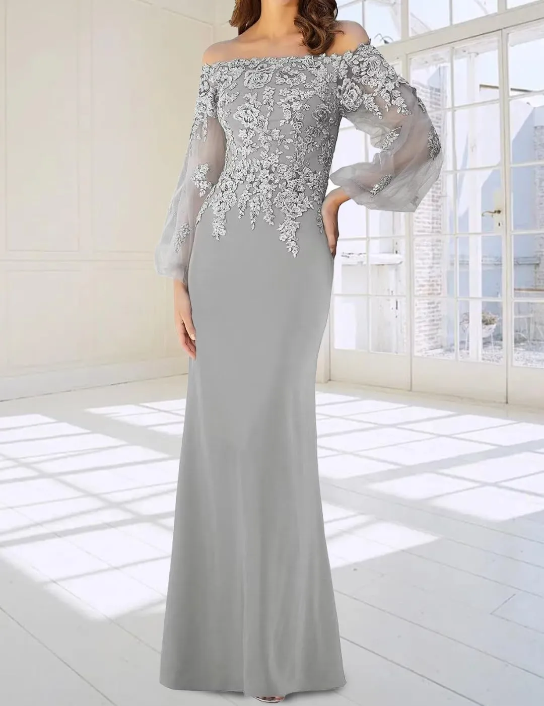 Appliques Chiffon Mother of The Bride Dresses for Wedding Tulle Long Sleevess Formal Dress with Evening Gown