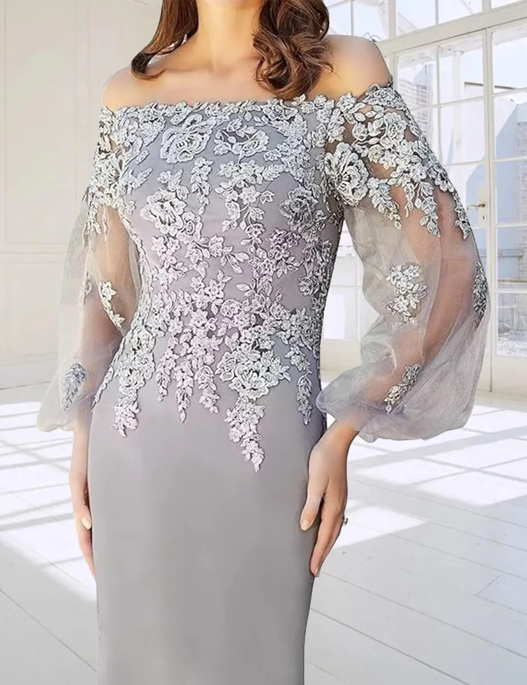 Appliques Chiffon Mother of The Bride Dresses for Wedding Tulle Long Sleevess Formal Dress with Evening Gown