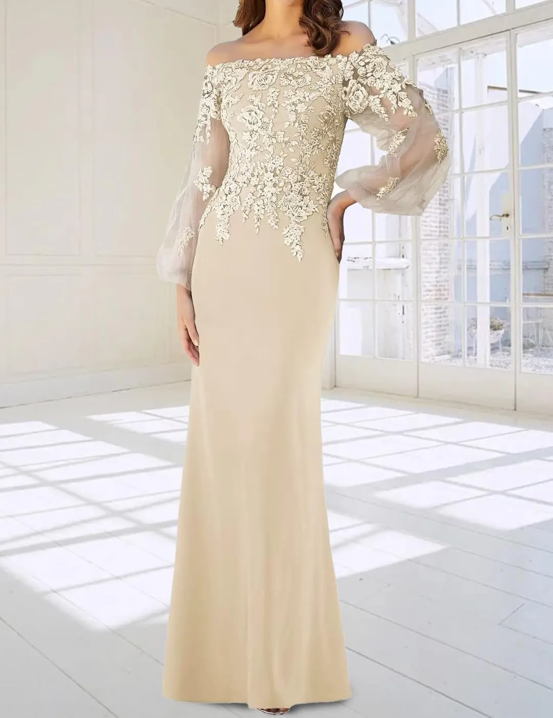 Appliques Chiffon Mother of The Bride Dresses for Wedding Tulle Long Sleevess Formal Dress with Evening Gown