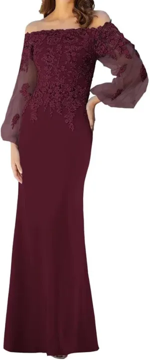 Appliques Chiffon Mother of The Bride Dresses for Wedding Tulle Long Sleevess Formal Dress with Evening Gown