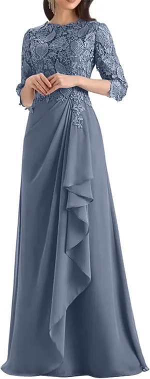 Appliques Mother of The Bride Dresses for Wedding Ruffles Long Chiffon Formal Dress with Sleevess Evening Gown
