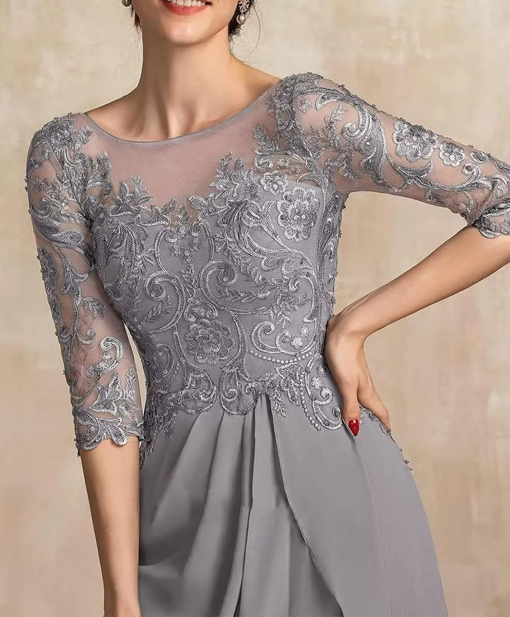 Appliques Mother of The Bride Dresses for Women Ruffles Chiffon Formal Dress with Sleevess Evening Gown