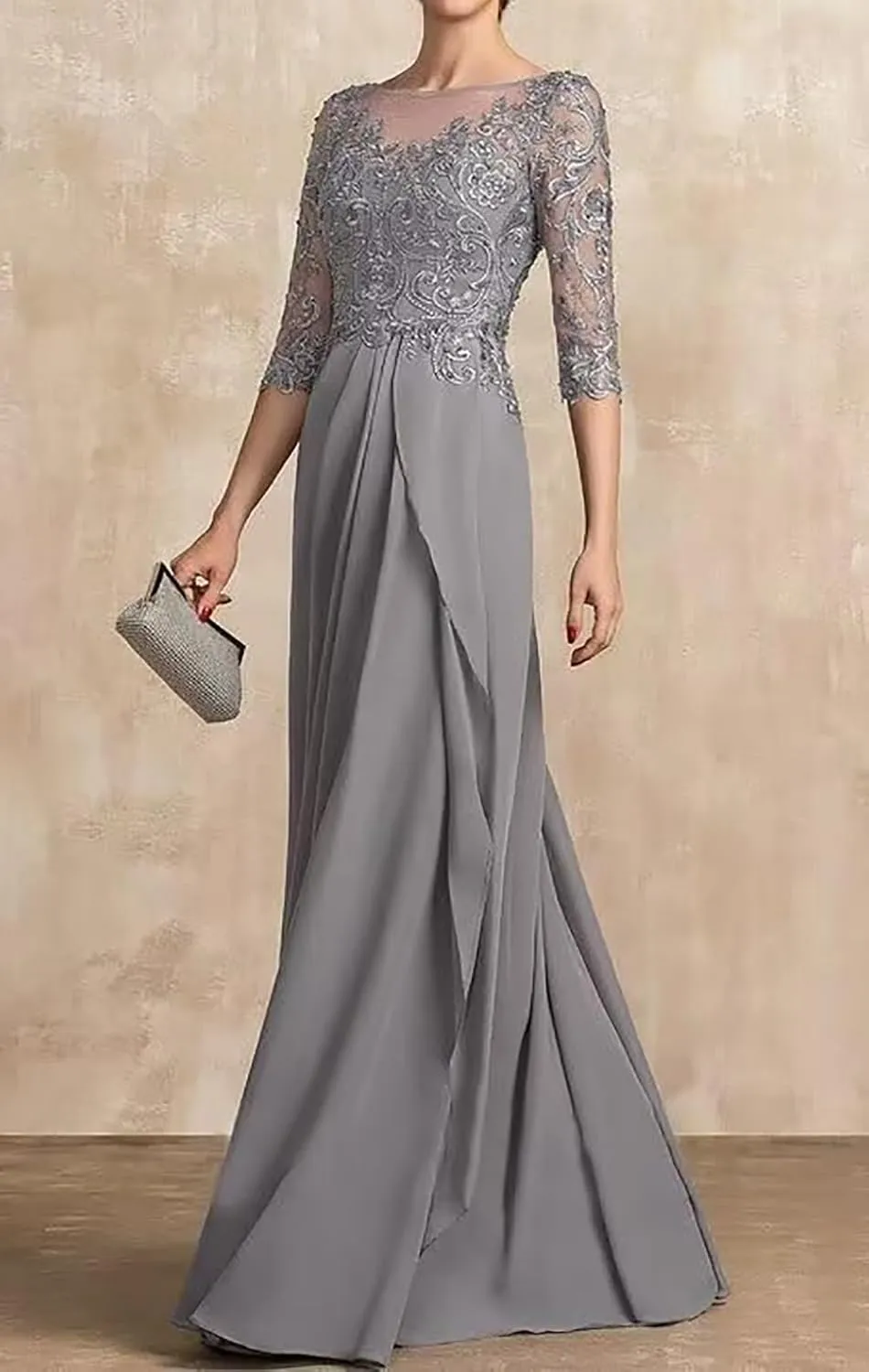 Appliques Mother of The Bride Dresses for Women Ruffles Chiffon Formal Dress with Sleevess Evening Gown