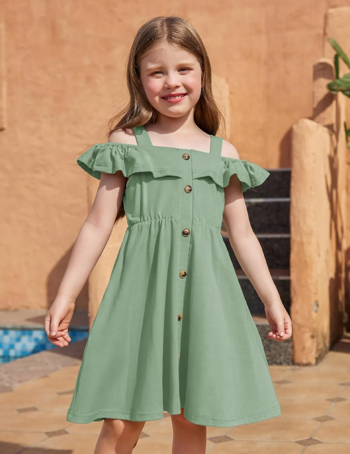 Arshiner Girls Dresses Summer Spaghetti Strap Cold Shoulder Ruffle Button Down A Line Dresses