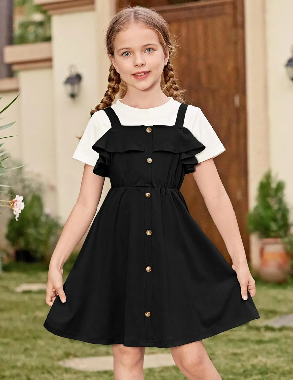 Arshiner Girls Dresses Summer Spaghetti Strap Cold Shoulder Ruffle Button Down A Line Dresses