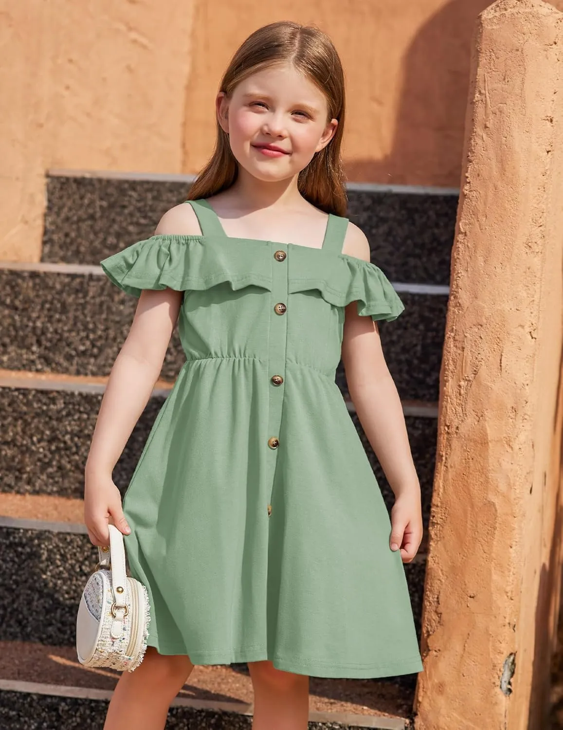 Arshiner Girls Dresses Summer Spaghetti Strap Cold Shoulder Ruffle Button Down A Line Dresses
