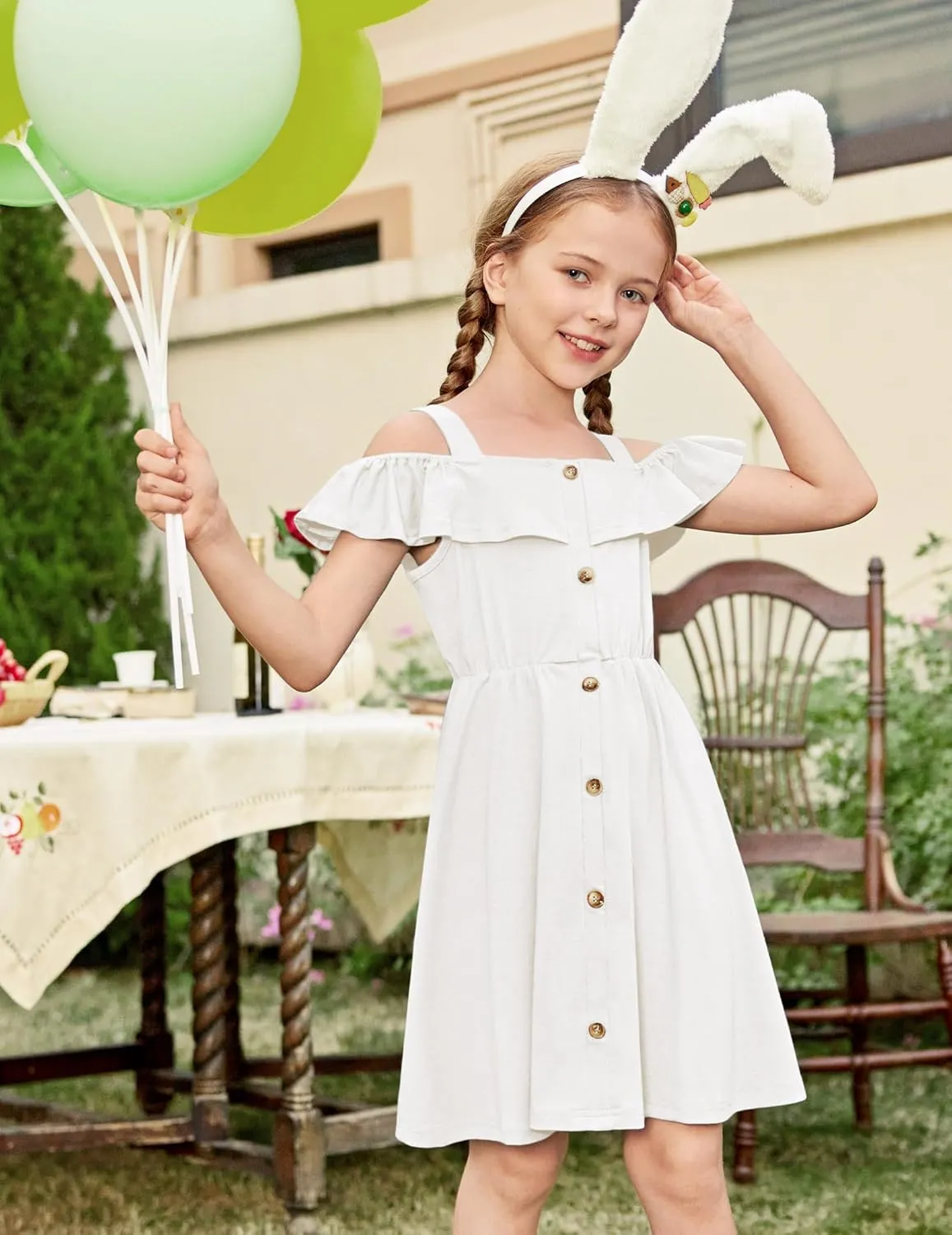 Arshiner Girls Dresses Summer Spaghetti Strap Cold Shoulder Ruffle Button Down A Line Dresses