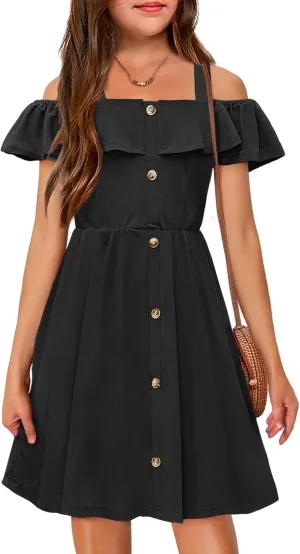 Arshiner Girls Dresses Summer Spaghetti Strap Cold Shoulder Ruffle Button Down A Line Dresses