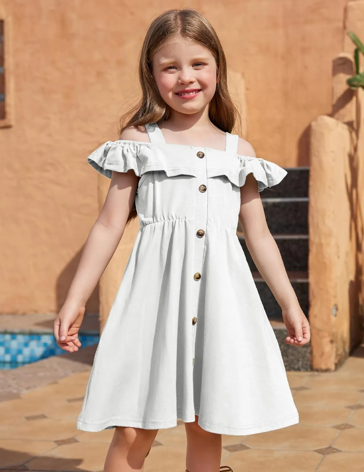 Arshiner Girls Dresses Summer Spaghetti Strap Cold Shoulder Ruffle Button Down A Line Dresses