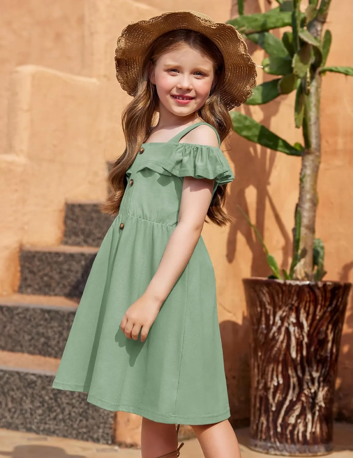 Arshiner Girls Dresses Summer Spaghetti Strap Cold Shoulder Ruffle Button Down A Line Dresses