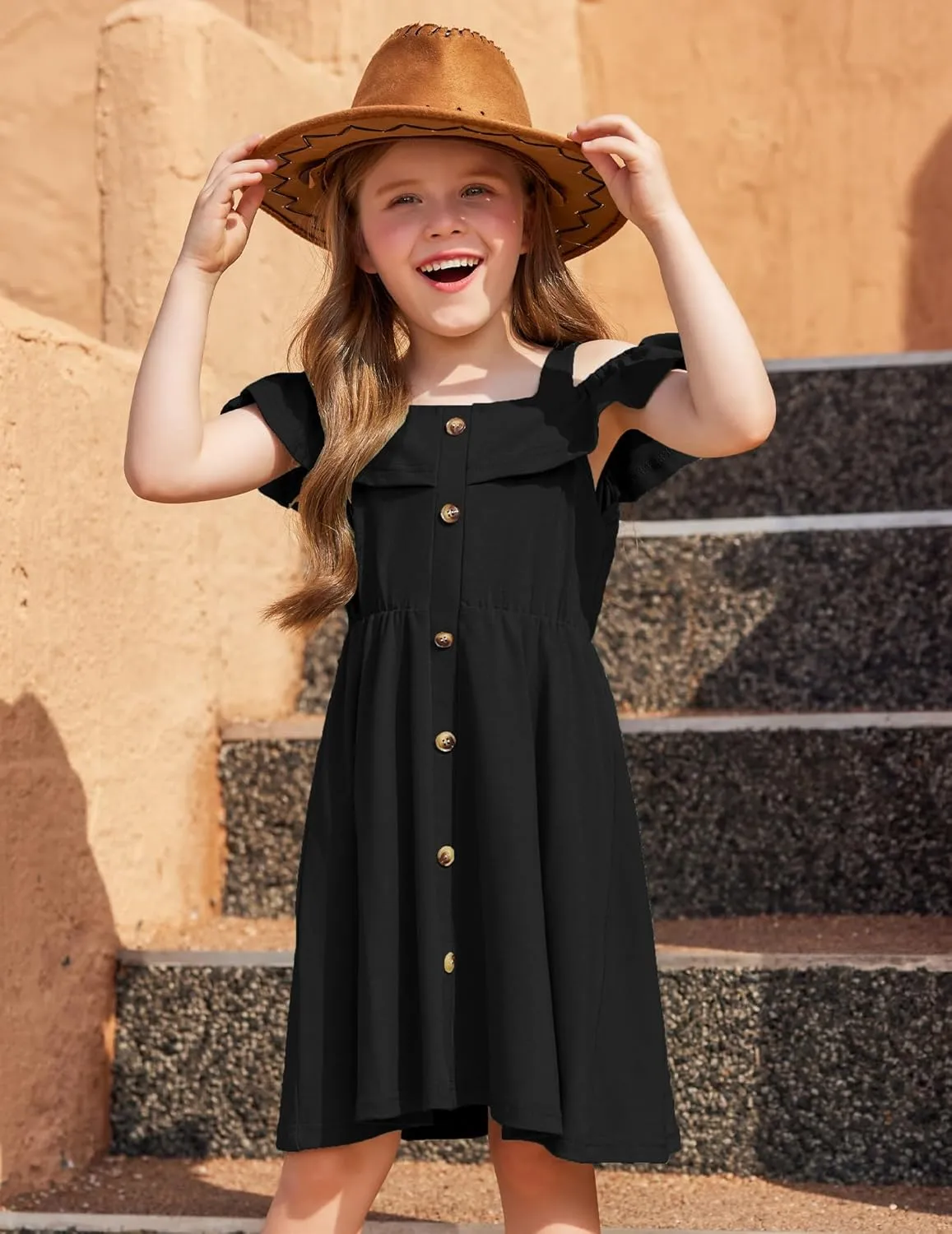 Arshiner Girls Dresses Summer Spaghetti Strap Cold Shoulder Ruffle Button Down A Line Dresses