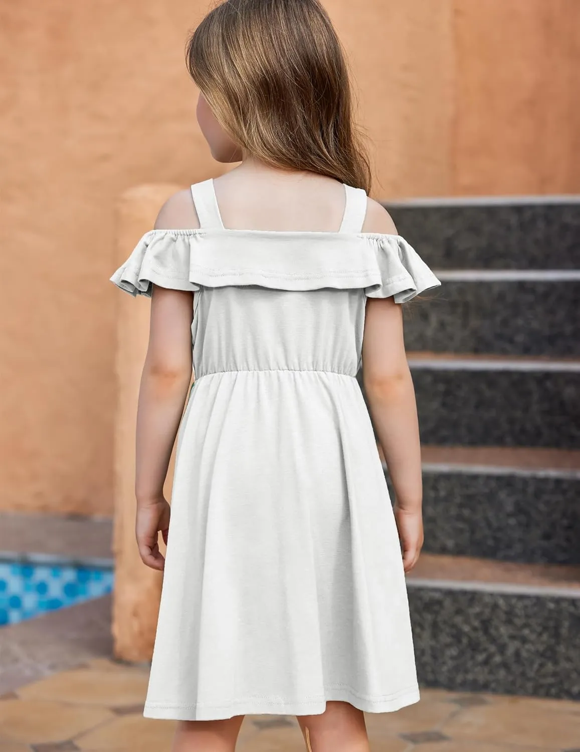 Arshiner Girls Dresses Summer Spaghetti Strap Cold Shoulder Ruffle Button Down A Line Dresses