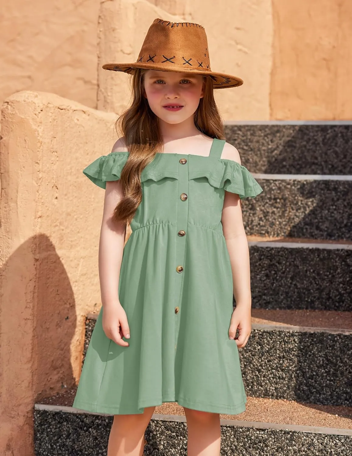 Arshiner Girls Dresses Summer Spaghetti Strap Cold Shoulder Ruffle Button Down A Line Dresses