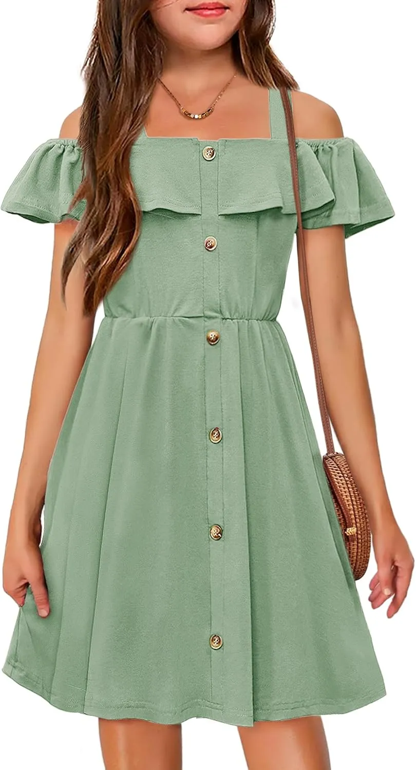 Arshiner Girls Dresses Summer Spaghetti Strap Cold Shoulder Ruffle Button Down A Line Dresses
