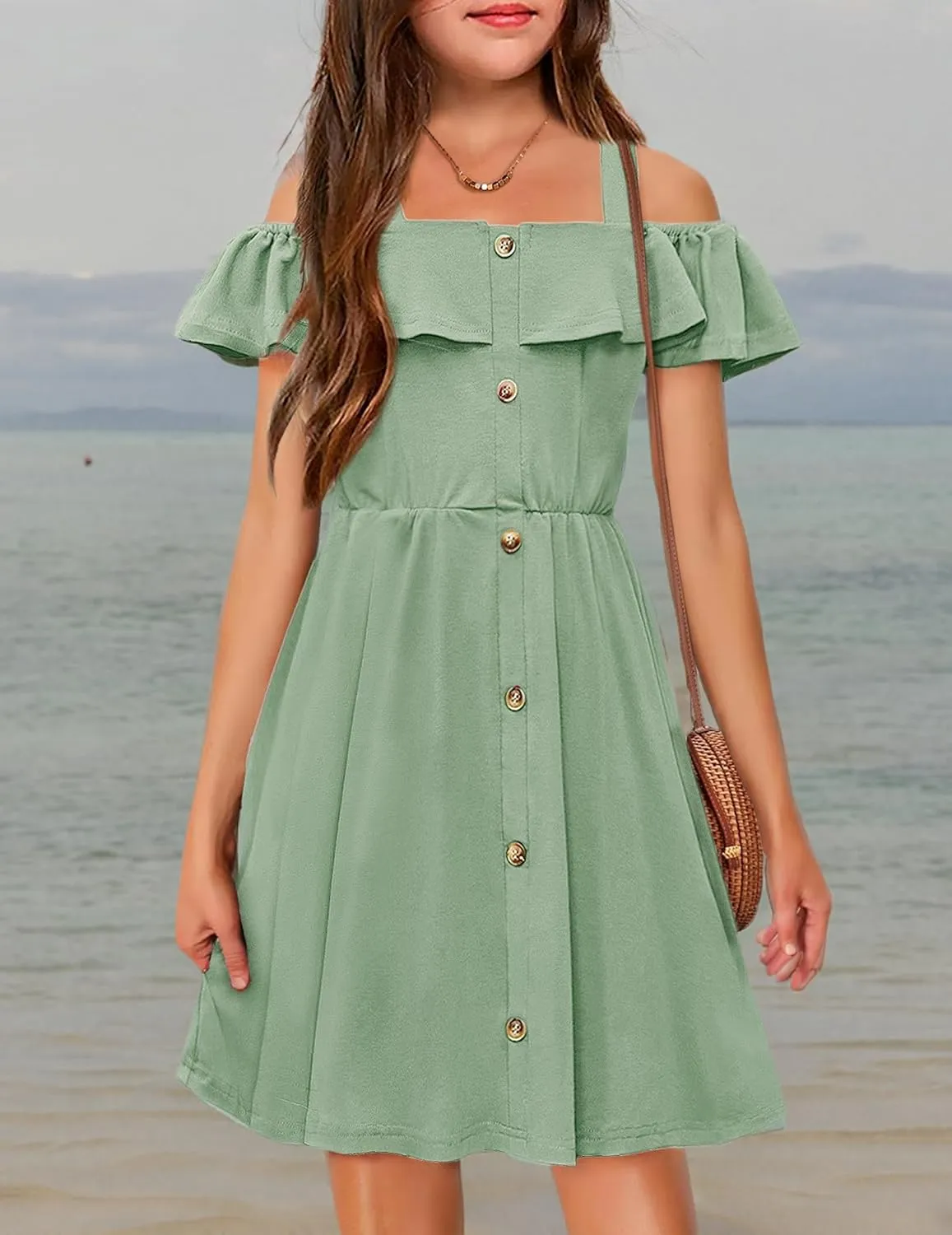Arshiner Girls Dresses Summer Spaghetti Strap Cold Shoulder Ruffle Button Down A Line Dresses