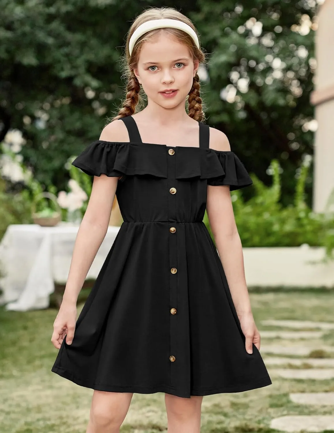 Arshiner Girls Dresses Summer Spaghetti Strap Cold Shoulder Ruffle Button Down A Line Dresses
