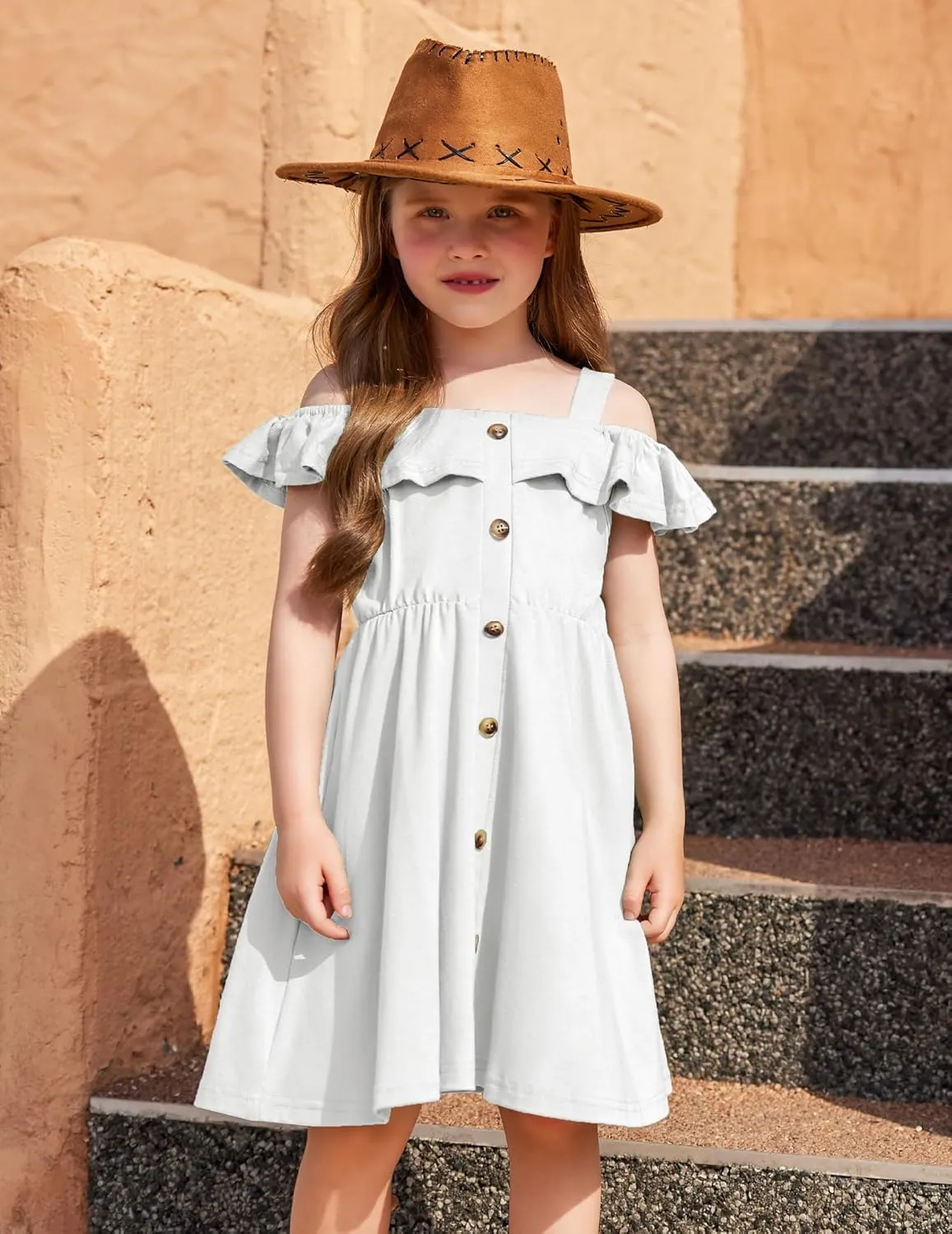 Arshiner Girls Dresses Summer Spaghetti Strap Cold Shoulder Ruffle Button Down A Line Dresses