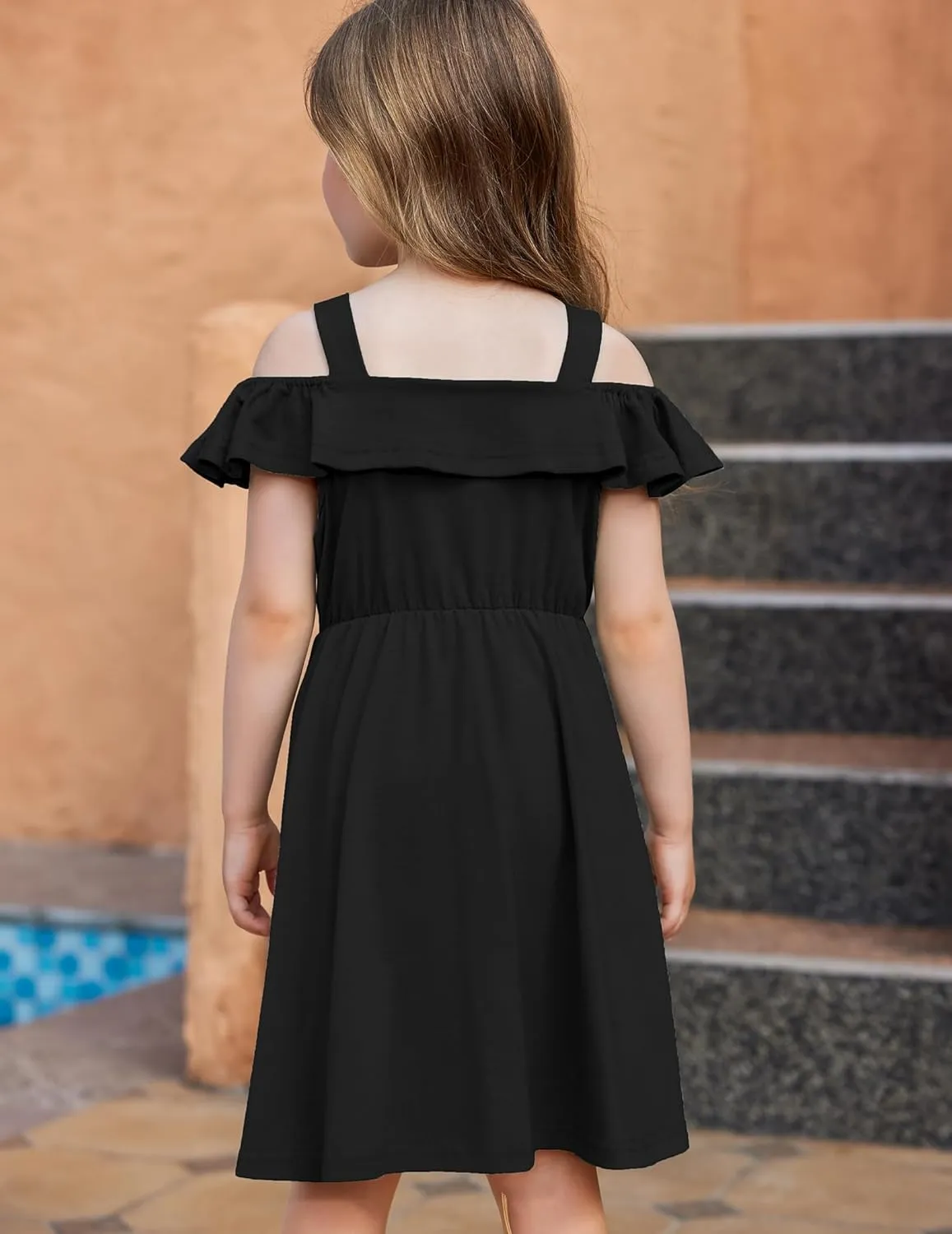 Arshiner Girls Dresses Summer Spaghetti Strap Cold Shoulder Ruffle Button Down A Line Dresses