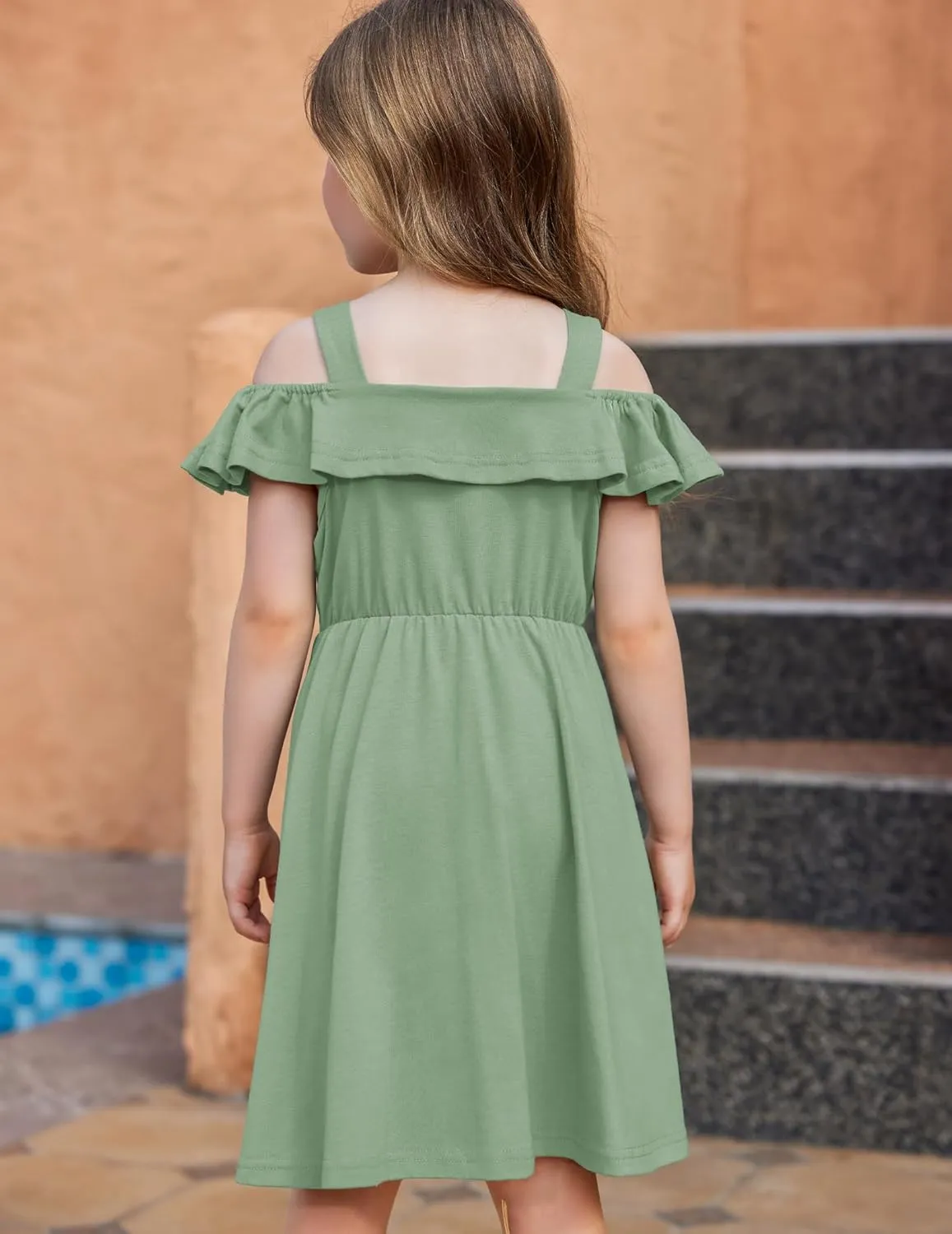 Arshiner Girls Dresses Summer Spaghetti Strap Cold Shoulder Ruffle Button Down A Line Dresses