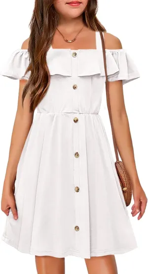 Arshiner Girls Dresses Summer Spaghetti Strap Cold Shoulder Ruffle Button Down A Line Dresses