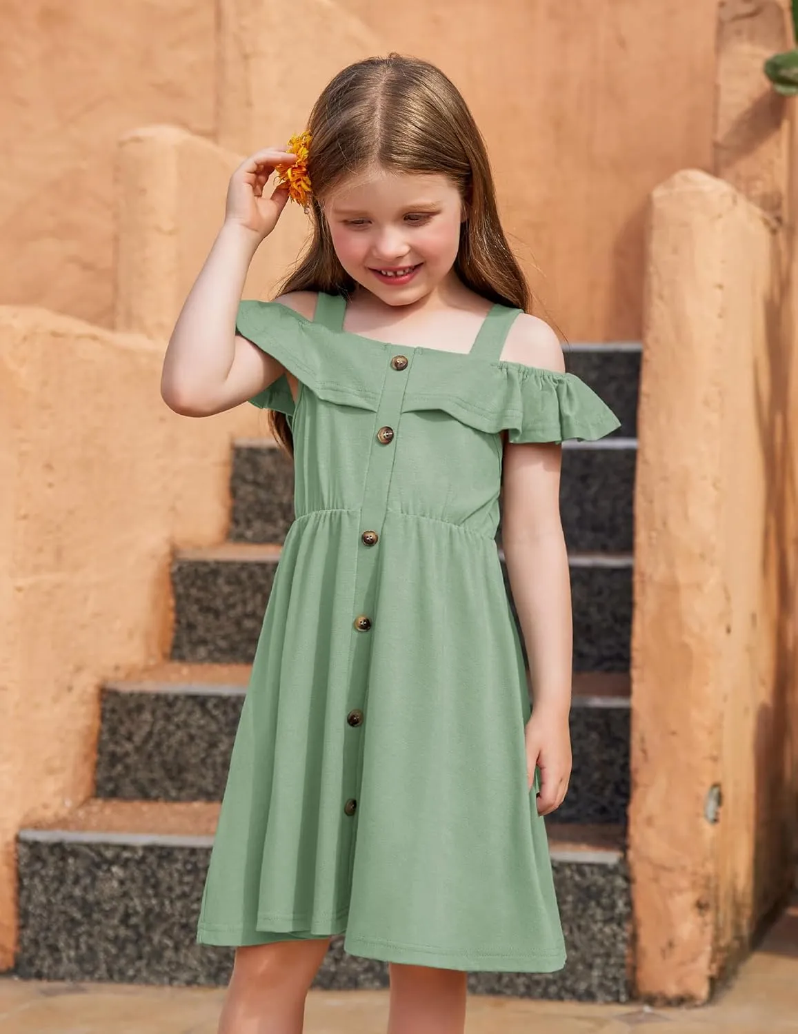 Arshiner Girls Dresses Summer Spaghetti Strap Cold Shoulder Ruffle Button Down A Line Dresses