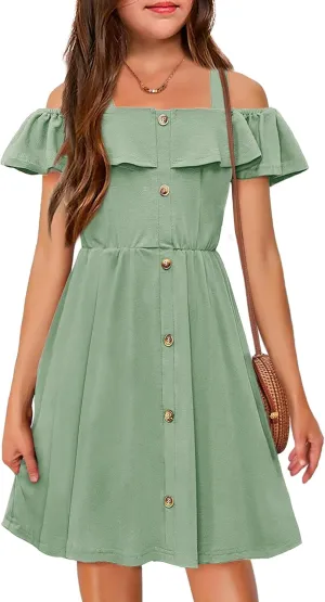 Arshiner Girls Dresses Summer Spaghetti Strap Cold Shoulder Ruffle Button Down A Line Dresses