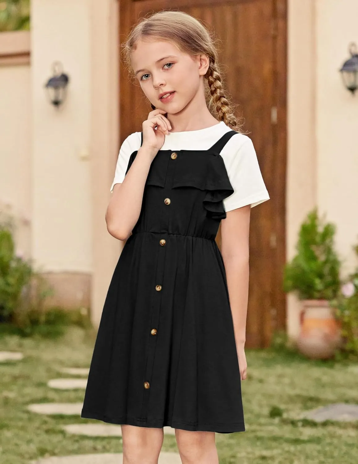 Arshiner Girls Dresses Summer Spaghetti Strap Cold Shoulder Ruffle Button Down A Line Dresses