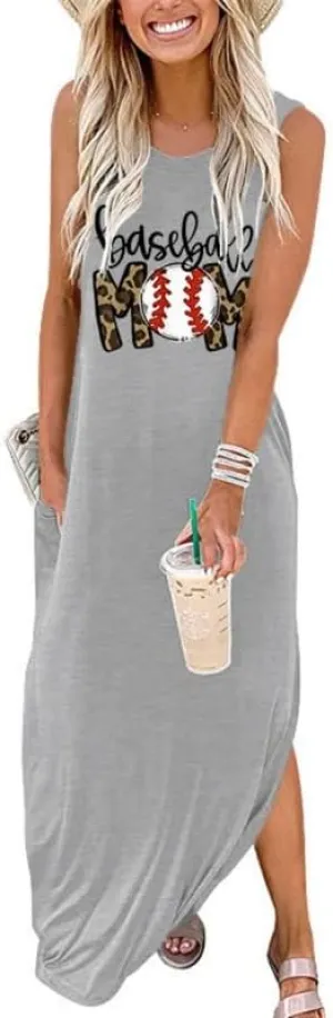 Baseball Mom Dresses for Women Summer Casual Sleeveless Long Maxi Sundress Mother's Day Sport Mom Gifts