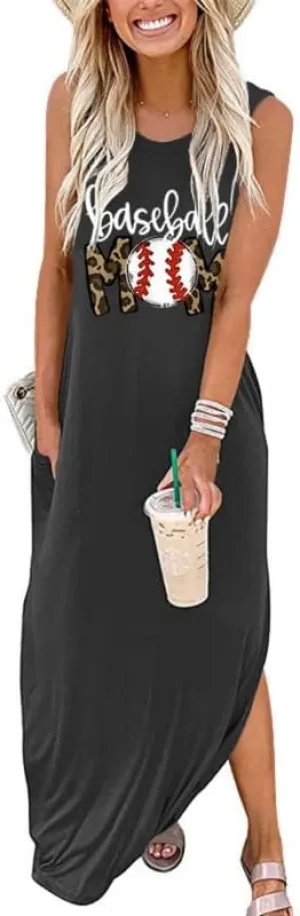 Baseball Mom Dresses for Women Summer Casual Sleeveless Long Maxi Sundress Mother's Day Sport Mom Gifts