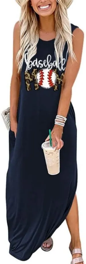 Baseball Mom Dresses for Women Summer Casual Sleeveless Long Maxi Sundress Mother's Day Sport Mom Gifts
