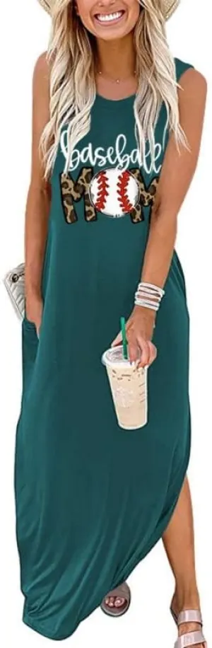 Baseball Mom Dresses for Women Summer Casual Sleeveless Long Maxi Sundress Mother's Day Sport Mom Gifts