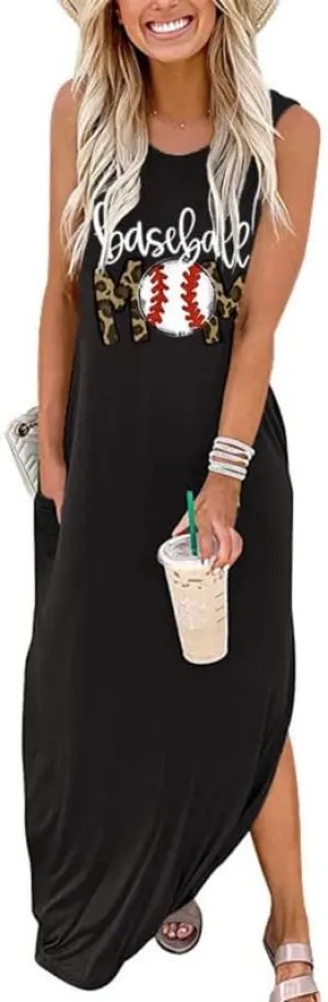 Baseball Mom Dresses for Women Summer Casual Sleeveless Long Maxi Sundress Mother's Day Sport Mom Gifts