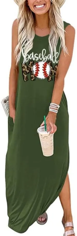 Baseball Mom Dresses for Women Summer Casual Sleeveless Long Maxi Sundress Mother's Day Sport Mom Gifts