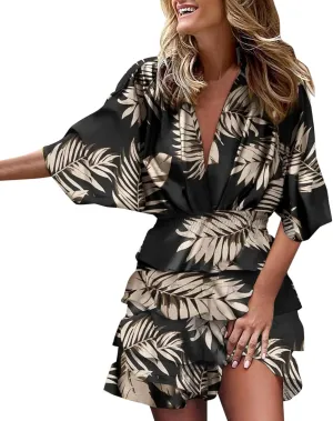 Beach Dresses for Women 2024 Vacation Short Batwing Sleeve V Neck Summer Trendy Dress Floral Ruffle Boho Mini Sundress