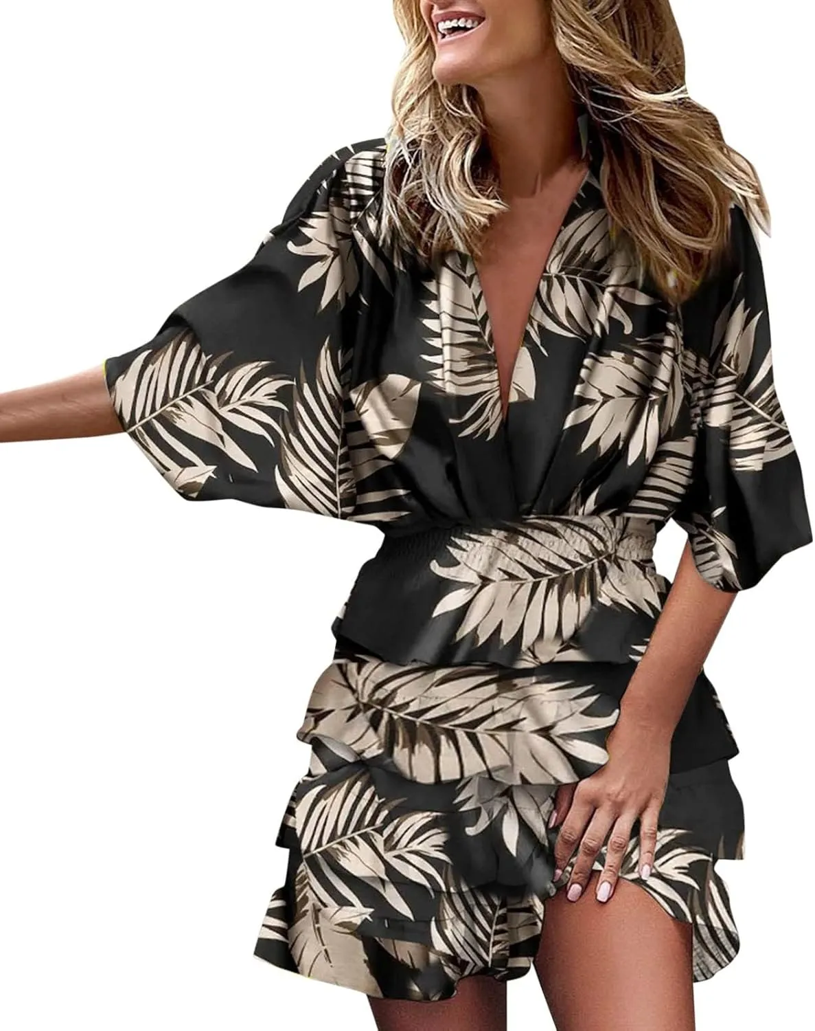 Beach Dresses for Women 2024 Vacation Short Batwing Sleeve V Neck Summer Trendy Dress Floral Ruffle Boho Mini Sundress
