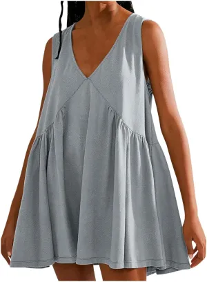 Beach Mini Dress for Women Sleeveless V-Neck Pleated Dresses Summer Solid Loose Sundress Casual Flowy Swing Dress