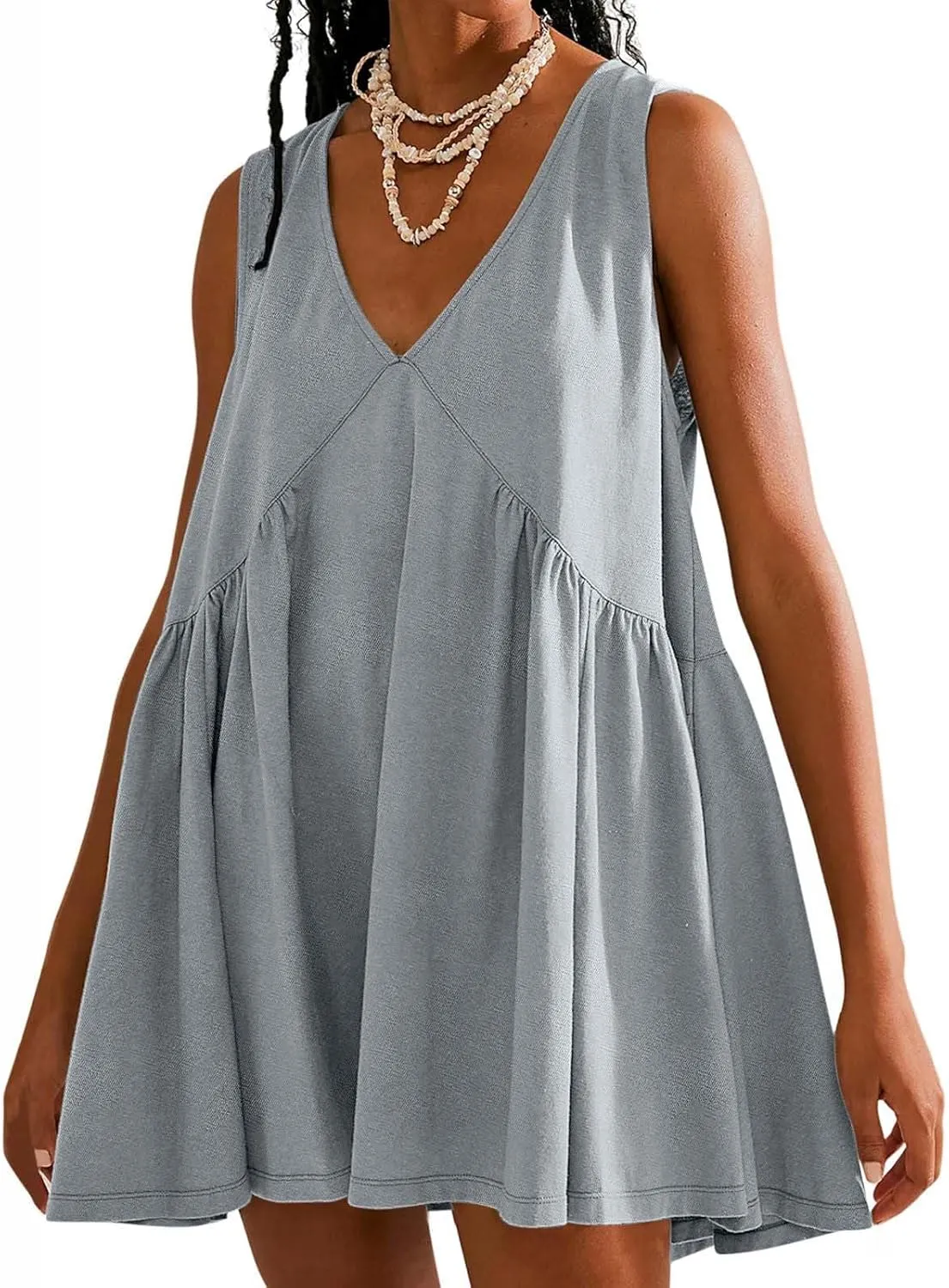 Beach Mini Dress for Women Sleeveless V-Neck Pleated Dresses Summer Solid Loose Sundress Casual Flowy Swing Dress
