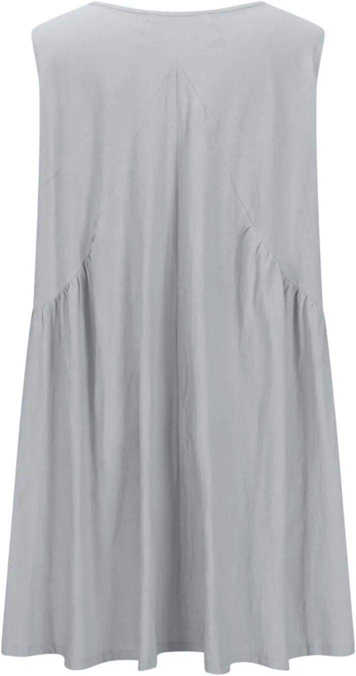 Beach Mini Dress for Women Sleeveless V-Neck Pleated Dresses Summer Solid Loose Sundress Casual Flowy Swing Dress