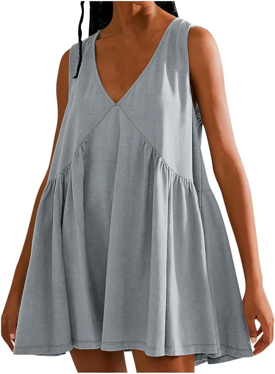 Beach Mini Dress for Women Sleeveless V-Neck Pleated Dresses Summer Solid Loose Sundress Casual Flowy Swing Dress