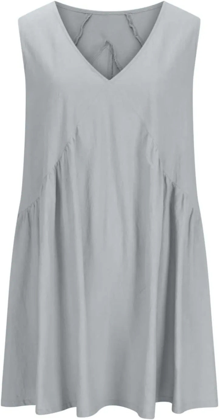 Beach Mini Dress for Women Sleeveless V-Neck Pleated Dresses Summer Solid Loose Sundress Casual Flowy Swing Dress