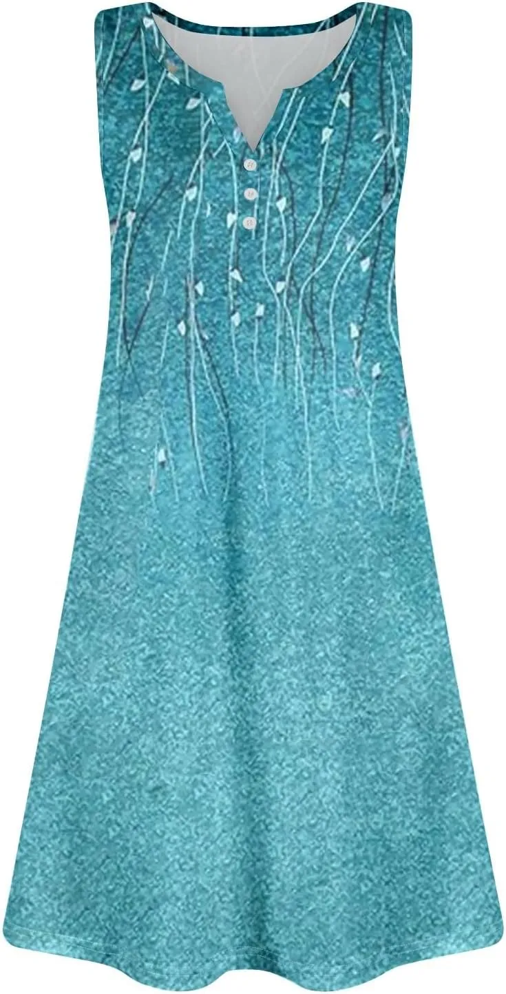 Beach Vacation Dresses for Women Casual Summer Boho Dress Loose Button V Neck Sleeveless Sundress with 2 Pockets
