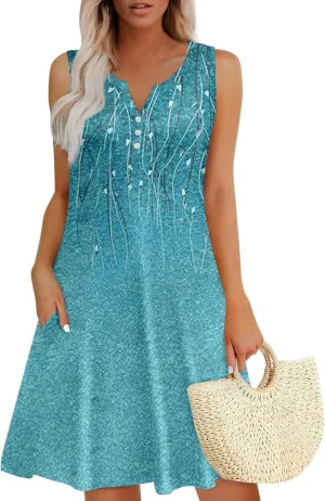 Beach Vacation Dresses for Women Casual Summer Boho Dress Loose Button V Neck Sleeveless Sundress with 2 Pockets