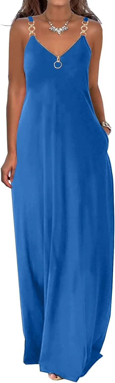 Binmer Summer Sun Dresses for Women 2024 Casual Boho Solid Color Ring Straps Zipper V Neck Beach Long Maxi Dress with Pockets