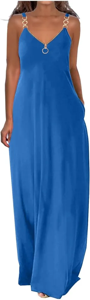 Binmer Summer Sun Dresses for Women 2024 Casual Boho Solid Color Ring Straps Zipper V Neck Beach Long Maxi Dress with Pockets